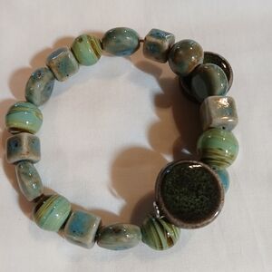 Ceramic Beaded Boho Bracelet Blue Green Turquoise Adjustable Wire Base